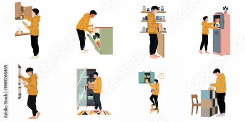 Set of illustrations depicting a young man in a yellow hoodie organizing food and groceries in various kitchen cabinets and storage units.