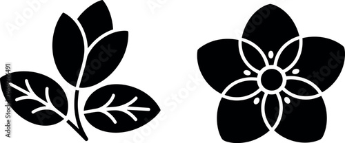 Floral icon set with leaf branch and flower shapes in minimalist black vector design