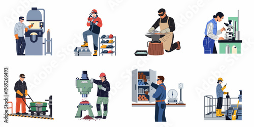 Flat Vector Illustrations of Metallurgy and Mining Industry Professionals Working in Foundries, Laboratories, and Manufacturing Plants
