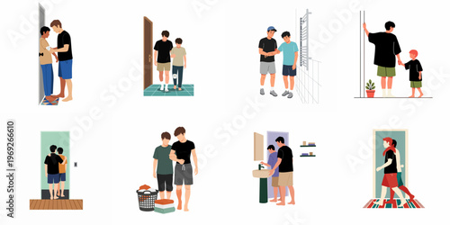 Flat design illustrations depicting supportive male relationships between fathers, sons, and brothers during daily activities, caregiving, and recovery moments at home.