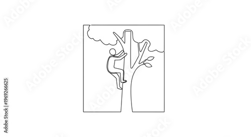 Man climbing tree, reaching for clouds, symbolizing ambition and success