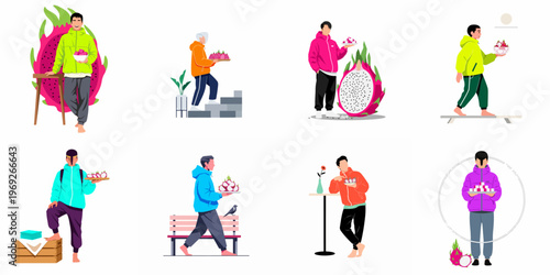 A diverse collection of flat vector illustrations showing young men holding and presenting fresh dragon fruit in various stylish outfits and settings.
