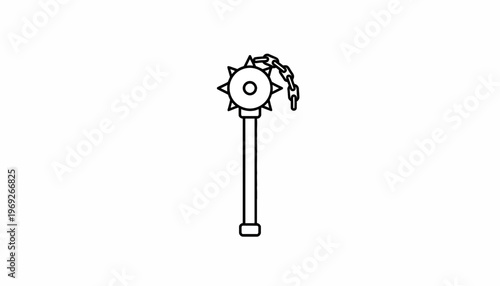 Medieval Flail Weapon Icon, Spiked Ball on Chain with Handle, Black and White Outline