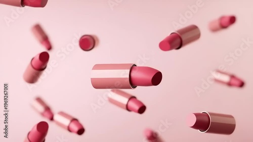 Floating lipsticks in soft pink background, beauty concept
