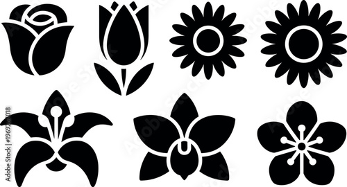 Flower silhouette icon set with rose tulip sunflower and floral collection in minimalist style