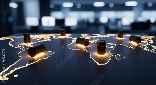Global oil market analysis 3D render of crude oil barrels on world map with financial trading charts highlighting energy commodities and economic growth