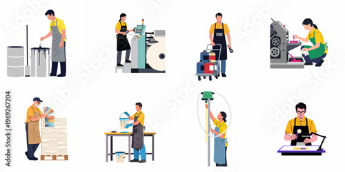 Industrial factory workers performing diverse tasks in a printing and paint production facility, including color mixing, machine operation, and quality control.