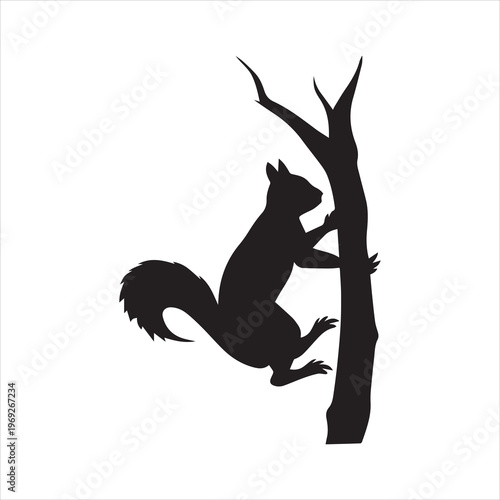 Black silhouette of a squirrel climbing a tree trunk