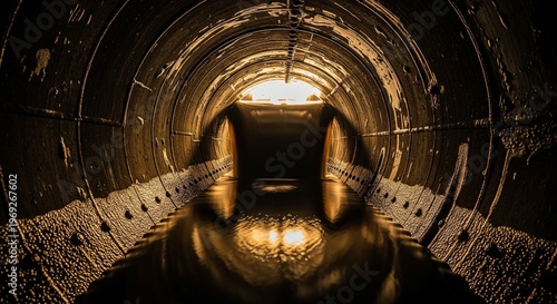 Inside a dark, circular tunnel with water reflecting light at the end, suggesting an underground passage or industrial conduit
