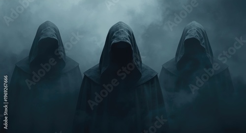 Three hooded characters in dark robes shrouded by a mysterious fog
