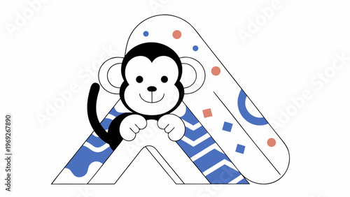 Cartoon monkey cheerfully peeks from behind a stylized tent with abstract patterns.