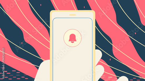 Smartphone displays a red notification bell icon held by a human hand.