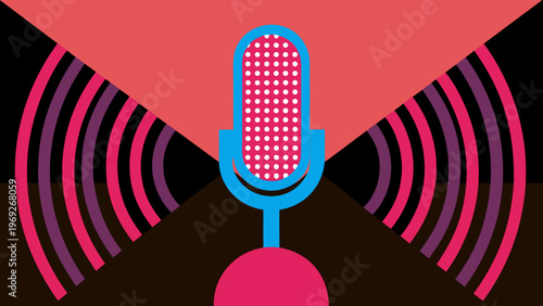 Blue microphone emits pink sound waves against a dark abstract background.