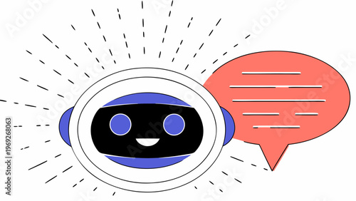 Friendly artificial intelligence chatbot communicates actively with a red speech bubble.