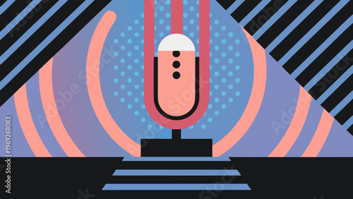 Microphone stands on a stage illuminated by geometric lights and vibrant patterns.