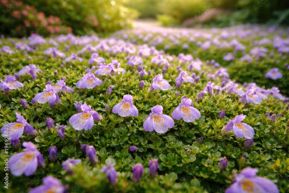Fototapeta premium Mazus Reptans Ground Cover Blooming in Spring Garden Setting