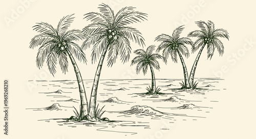 Beach summer vacation naive outline sketch vector illustration of palm trees