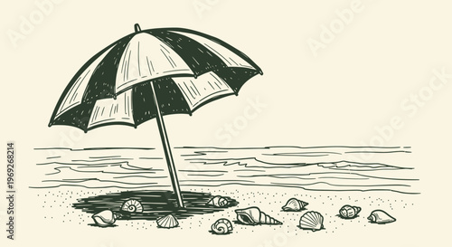 Beach summer vacation naive outline sketch vector illustration of umbrella on sandy shore