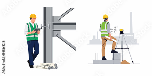Flat vector illustrations of construction engineers using digital tablets, blueprints, and surveying equipment for industrial site planning and building projects.
