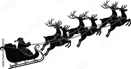 Santa sleigh reindeer silhouette vector illustration Christmas holiday flying deer team with sled black festive design elements isolated winter graphic set