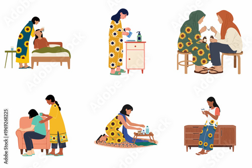 Diverse women providing home healthcare and medication support to sick family members in various indoor domestic settings, flat vector illustration set.