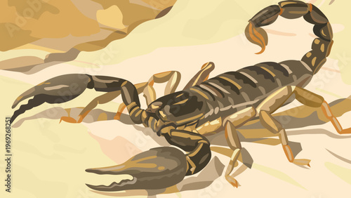 Scorpion crawling on desert sand with sharp pincers raised.