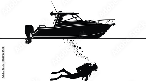 Scuba diver under boat silhouette, underwater diving scene with bubbles, marine adventure vector illustration isolated on white background for ocean exploration design
