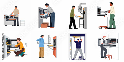 Flat vector illustration set of diverse bakery workers operating industrial ovens and machinery in a large scale food production facility.