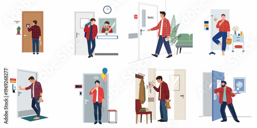 Collection of illustrations depicting a man visiting a sick friend or relative in a hospital or at home with gifts, food, and care.