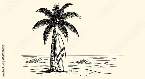 Beach summer vacation naive outline sketch vector illustration of palm tree and surfboard