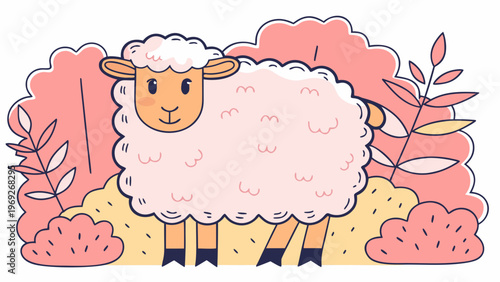 Pink sheep with a fluffy wool texture stands in a soft pastel-colored environment.