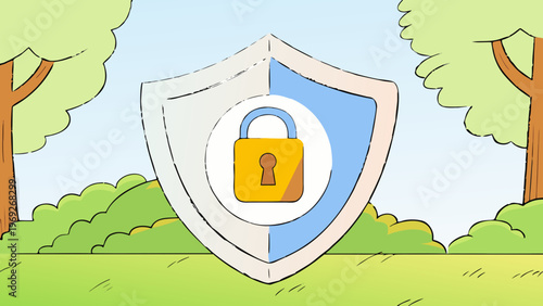 A shield with a lock symbol is placed in a grassy outdoor setting with trees.