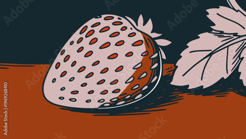 Strawberry with artistic shading sits on a textured surface with a leaf.