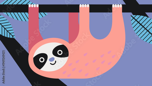 Sloth hangs upside down from a tree branch with a happy expression.