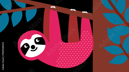 Bright pink sloth hangs upside down from a tree branch with blue leaves.