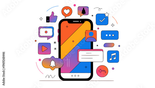 Smartphone displays social media icons and notifications on a white background.