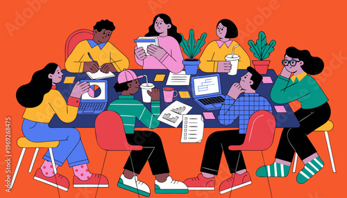 Diverse group of people collaborating around a table in a meeting.