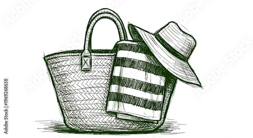 Beach summer vacation naive outline sketch vector illustration of striped bag and hat