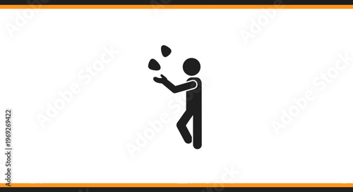 Silhouette of a person juggling three stones against a white background