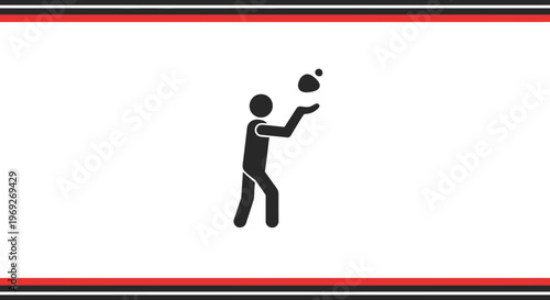 Silhouette of a person juggling three balls against a white background with red and black borders
