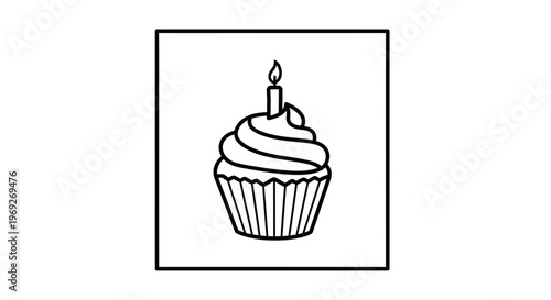Simple black and white line art illustration of a cupcake with a lit candle, perfect for celebrations.