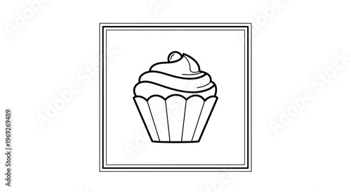 Simple black and white line art illustration of a cupcake with frosting in a wrapper
