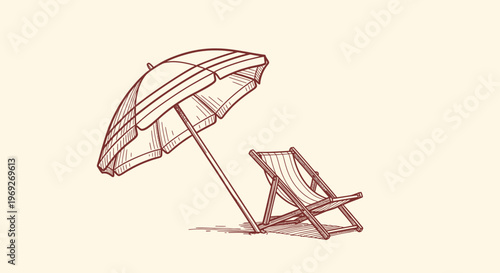 Beach summer vacation naive outline sketch vector illustration of umbrella and chair