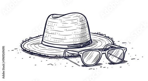 Beach summer vacation naive outline sketch vector illustration of hat and sunglasses