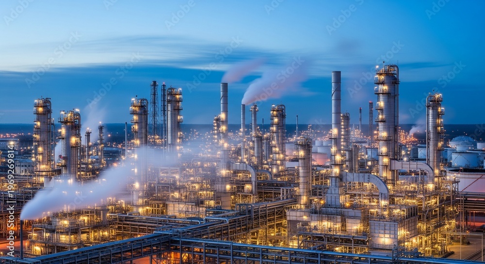 Naklejka premium Oil Refinery Industrial Facility at Twilight Stock Image, Large Petrochemical Plant Infrastructure with Illuminated Processing Towers and Steam Emissions in Evening Photography