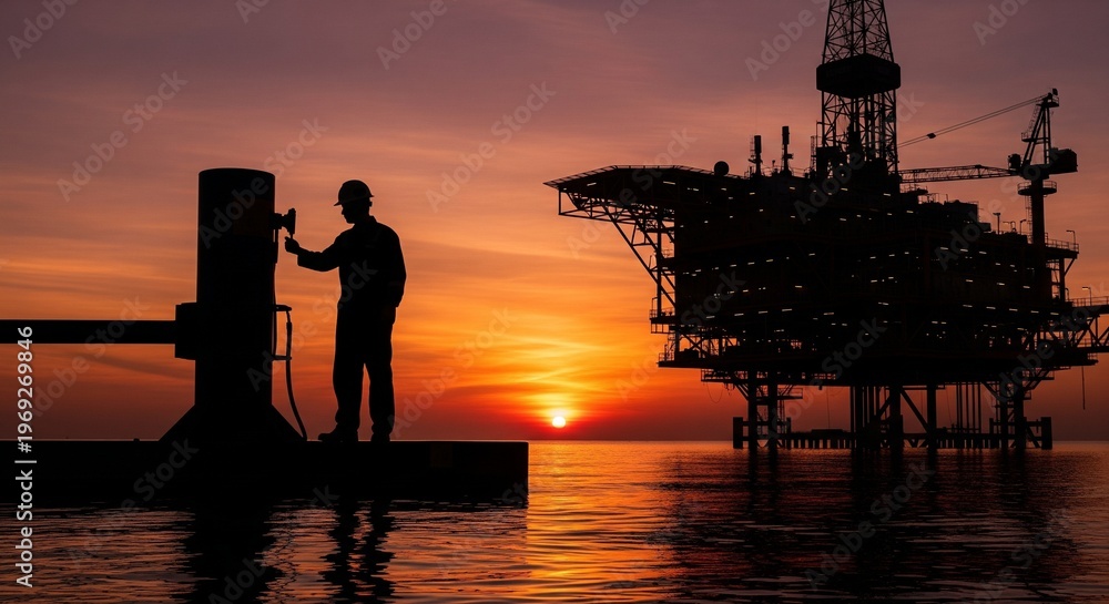 Fototapeta premium Oil Rig Worker Silhouette at Sunset Stock Image Featuring Offshore Petroleum Platform Engineering Operations in the Ocean at Twilight