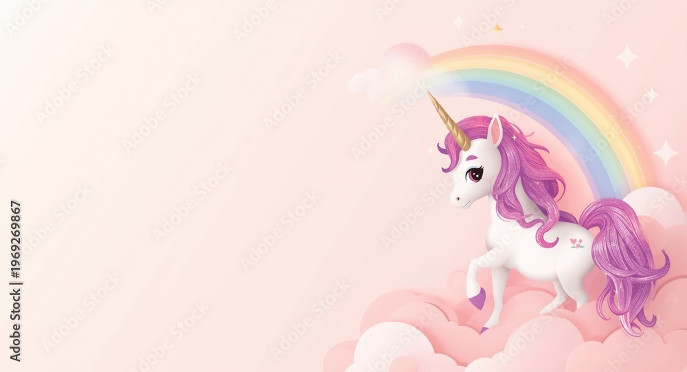 Obraz premium 3D style vector of a unicorn and rainbow set against a gentle pink cloud backdrop
