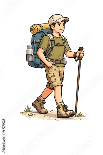 hiker ready for adventure, hiking illustration, backpacker design, outdoor adventure character, trekking explorer, mountain hiking scene, travel adventurer, camping lifestyle, wanderlust traveler, nat