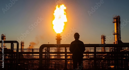 Silhouette of an Oil Refinery Worker Standing Before a Flaming Gas Flare Stack at Sunset Stock Image