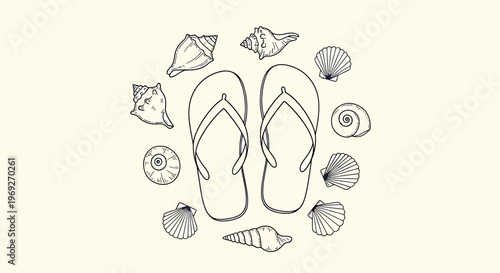 A naive outline sketch vector illustration of flip flops and seashells for a beach summer vacation